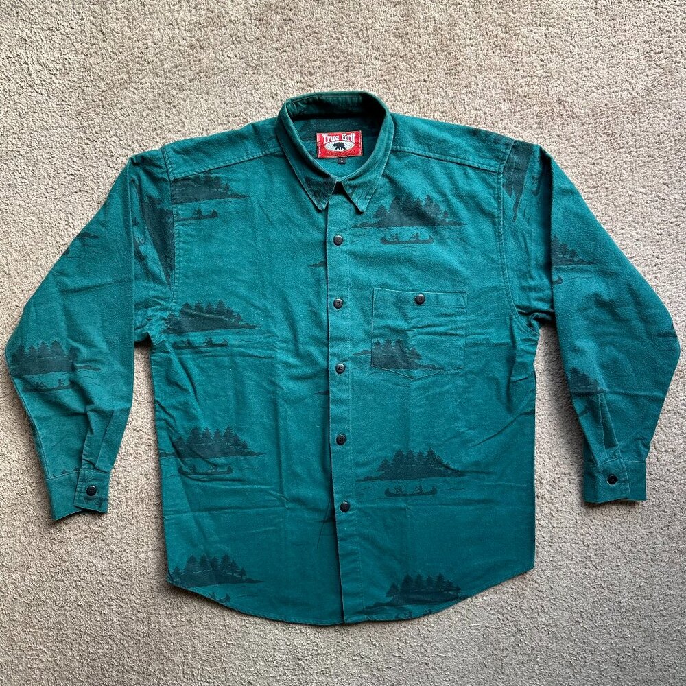 True Grit Shirt Mens Large Button Up Point Collar Flannel Vtg Green Mountains